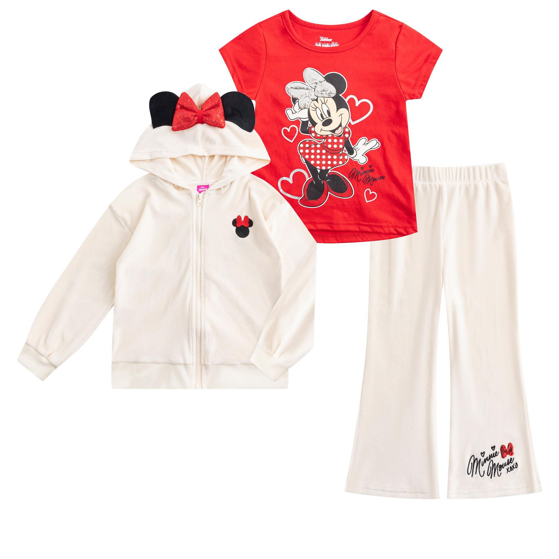 Disney Minnie Mouse Girls Velour Zip Up Sequin Hoodie, T-Shirt, and Flared Pants Set for Toddler to Big Kids