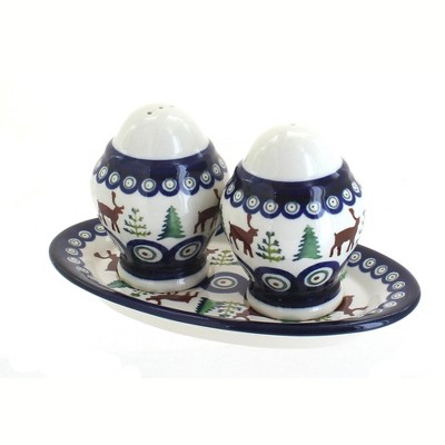 Blue Rose Polish Pottery Reindeer Pine Salt & Pepper Shakers With Plate