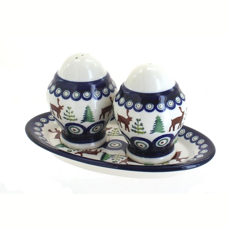 Blue Rose Polish Pottery 1282 Zaklady Salt & Pepper Shakers with Plate, 1 of 2