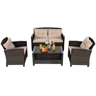 Costway 8-Piece Beige Cushioned Rattan Patio Furniture Set with Coffee Tables