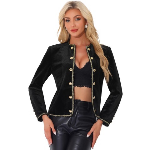 Allegra K Women's Velvet Elegant Collarless Cropped Work Open Front Blazer Black Medium
