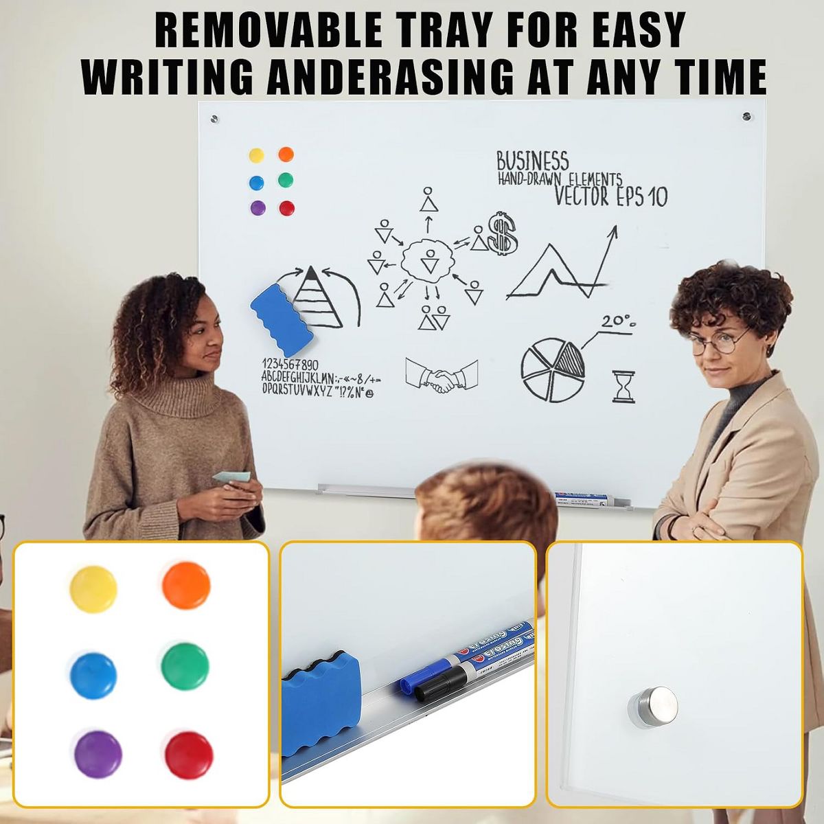 Magnetic Tempered Glass Whiteboard, Wall Mount Frameless Dry Erase Board with Marker Tray, Magnets, Eraser & Markers for Office & Home - thumbnail 4