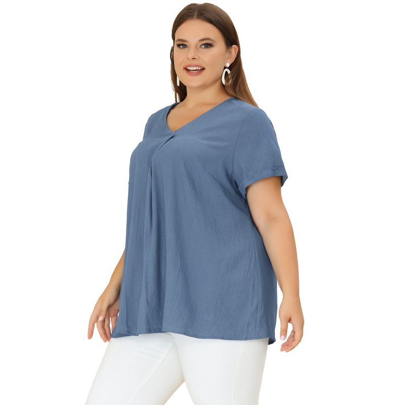 Agnes Orinda Women's Plus Size Casual V Neck Lounge Around Short Sleeve Solid Chambray Blouses, 3 of 7