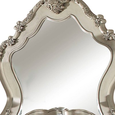Antique White Ornate Wood Dresser Mirror with Beveled Edges