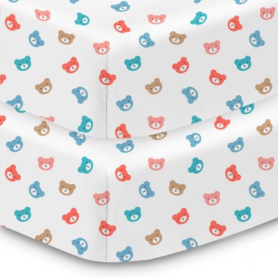 BreathableBaby Cotton Percale Fitted Sheet, For 52" x 28" Crib & Toddler Bed Mattress, Bears (2-Pack)