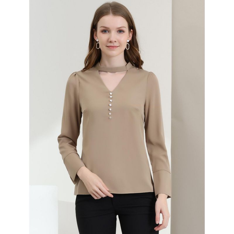 Allegra K Women's Keyhole Stand Collar Blouse Long Sleeve Button Front Work Blouses, 3 of 6