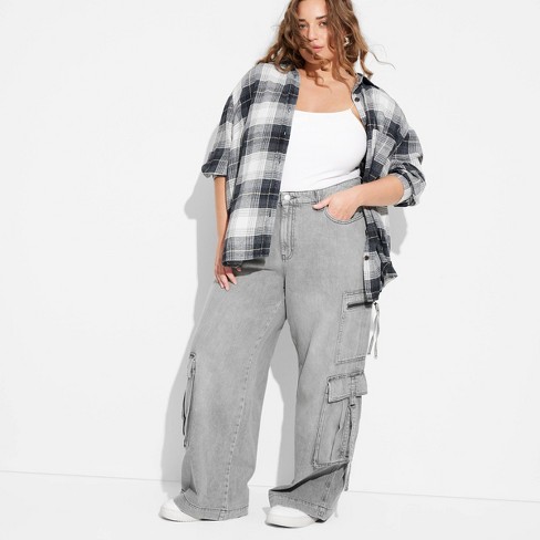 Women's Mid-Rise Wide Leg Cargo Baggy Pants - Wild Fable™ Gray Wash 17