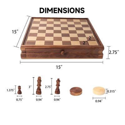 15" Wooden Chess and Checkers Board Game Set with Storage Drawer