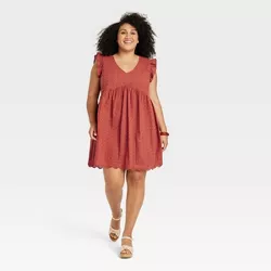 Women's Plus Size Ruffle Short Sleeve Eyelet A-Line Dress - Knox Rose™ Red 4X