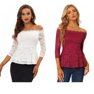 INSPIRE CHIC Women's Elegant Lace Floral Semi Sheer 3/4 Sleeve Off Shoulder Peplum Top 2 Packs - 1 of 4