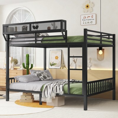 Lycvki Queen Over Queen Black Metal Bunk Bed with Ladder and Storage Shelf