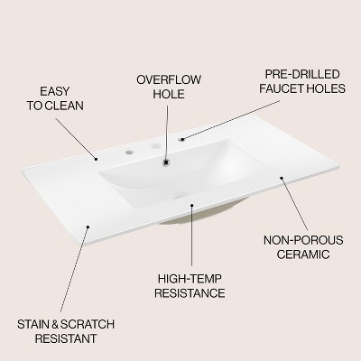 White Rectangular Ceramic Vanity Sink Top with 3 Holes