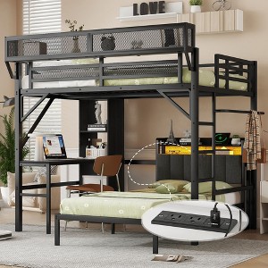 Full over Twin Black Metal Bunk Bed with Desk and Bookshelves Detachable Metal Bunk Bed with LED and Charge Station - 1 of 4