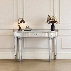 Mshliw Half-Moon Mirrored Console Table with Fluted Glass Panels and Crystal Knob Drawer, Dining Table, 47" Entryway Vanity Desk - 1 of 4