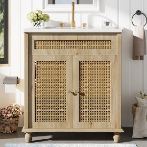 Christopher Knight Home Syricon Farmhouse 30'' Rattan Bathroom Vanity with Resin Sink, Double Door and 1 Hidden Drawer - 1 of 4