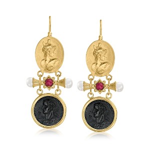 Ross-Simons Italian Tagliamonte Black Onyx and .60 ct. t.w. Ruby Drop Earrings With Cultured Pearls in 18kt Gold Over Sterling - 1 of 4