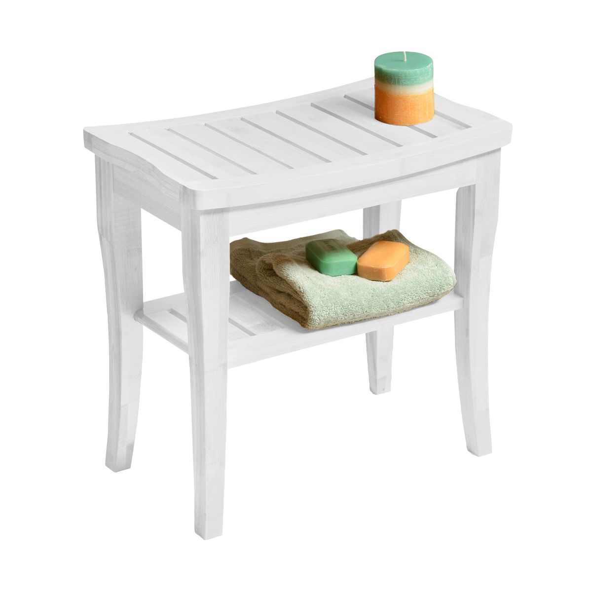 White Bamboo Shower Bench - Small Wooden Stool with Storage Shelf for Bathroom, Spa, or Indoor/Outdoor Use, 17" x 9" x 17"