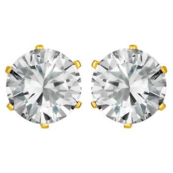 Women's Prong Set Cubic Zirconia Stud Gold Plated Stainless Steel Earrings (8mm) - Gold/Clear