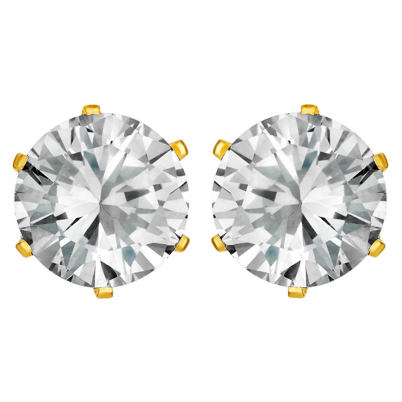 Women's Prong Set Cubic Zirconia Stud Gold Plated Stainless Steel Earrings (8mm) - Gold/Clear, 1 of 4