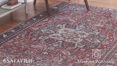 Red and Navy Square Synthetic Hand-Knotted Area Rug