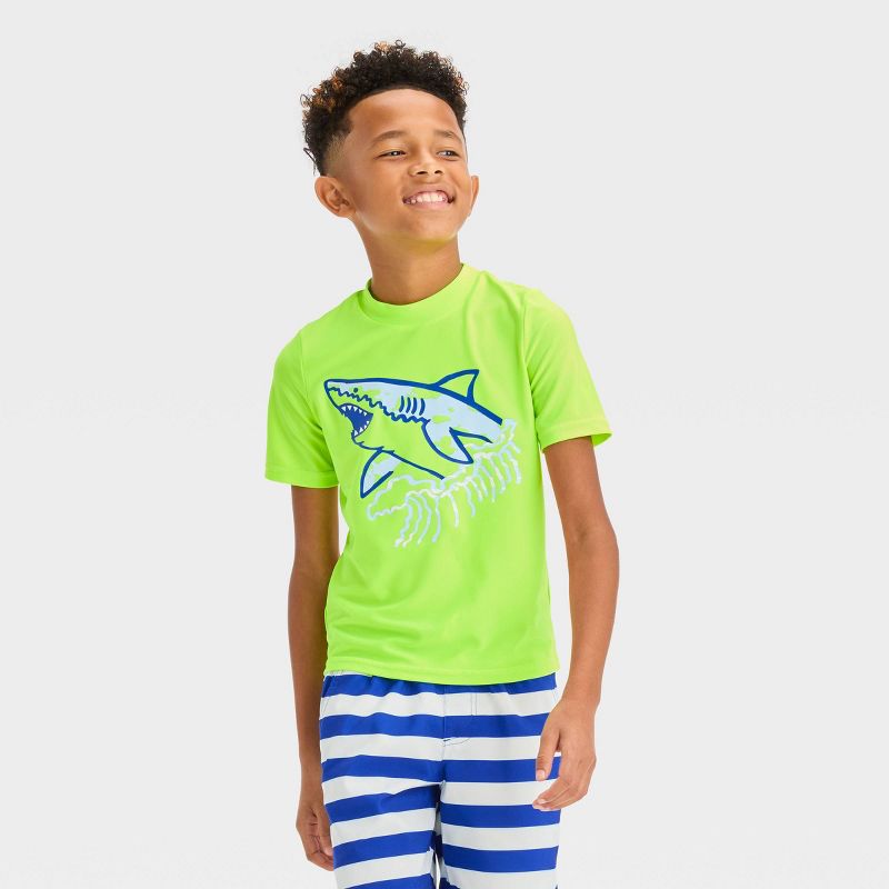 Boys' Short Sleeve Shark Printed & Striped Rash Guard Top & Swim Shorts Set - Cat & Jack™ White/Blue/Lime Green, 3 of 6