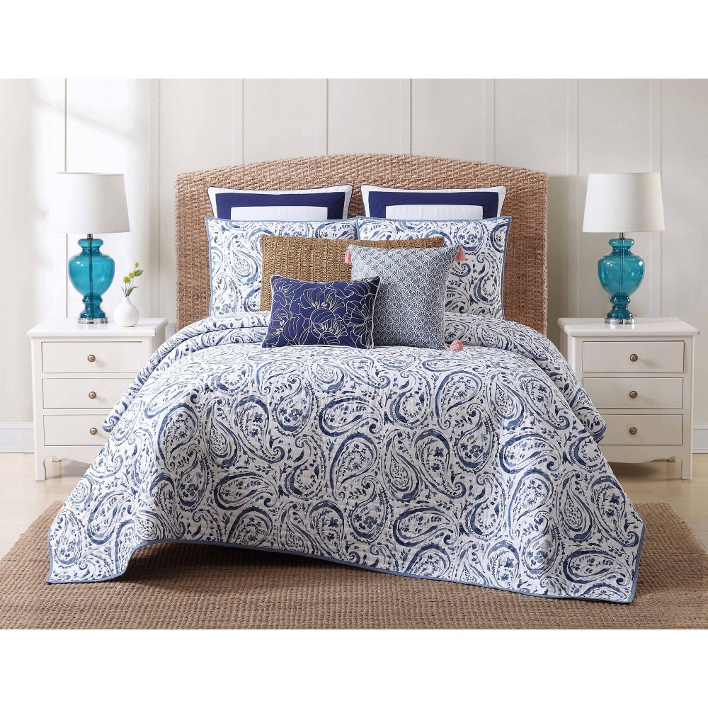 Photos - Bed Linen 3pc Full/Queen Indienne Paisley Quilt Set Navy/White - Oceanfront Resort: Cotton Woven Bedding, Includes 2 Shams