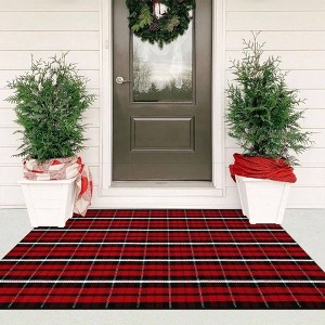 Outdoor Christmas Door Mat, 35x59, Red Black Plaid, Washable Cotton, Reversible, for Front Porch, Entryway, Kitchen - 1 of 4