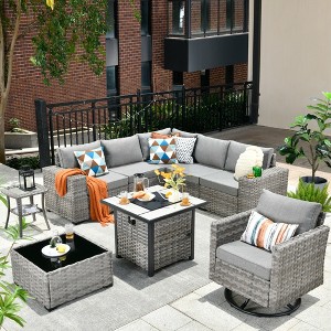 XIZZI 9-Piece Wicker Outdoor Patio Fire Pit Sectional Sofa Set with Cushions, All Weather Conversation Couch Set and Swivel Rocking Chairs - 1 of 4