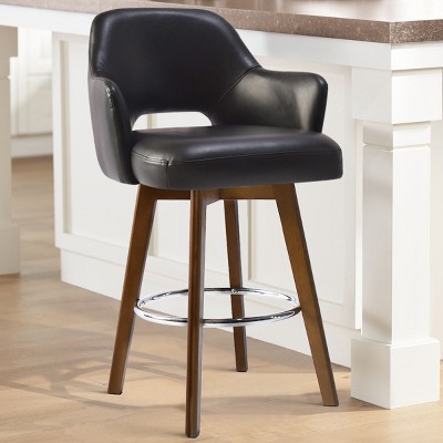 26.5" Edward Armrest Faux Leather Thick Seat 360° Swivel Counter Height Barstool Combine with Rubberwood Legs and Silver Footrest-Maison Boucle