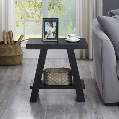 Vynxaria Black Hardwood Veneer Side Table 24"Wx22"Dx23"H, Under-Shelf Storage, Wide-Angled Legs, 1.77" Thick Top