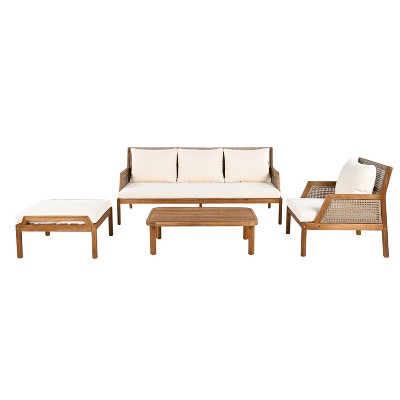 Christopher Knight Home Adela 4 Piece Outdoor Rattan and Acacia Wood Upholstered Seating Set, Brown/Cream