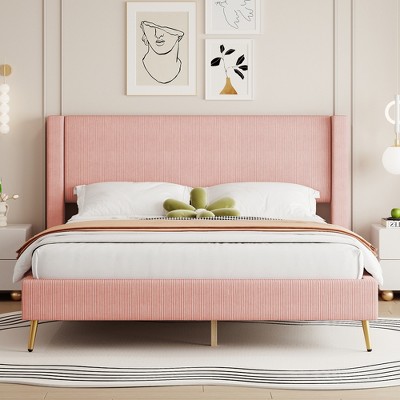 Whisen Modern Style Queen Size Corduroy Platform Bed with Metal Legs