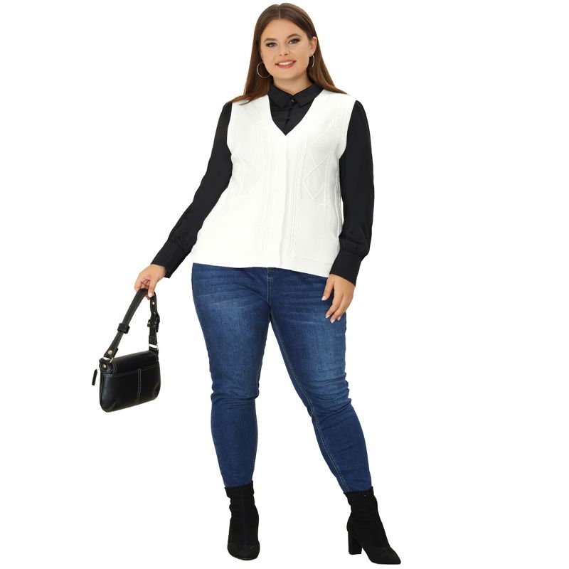 Agnes Orinda Women Plus Size Cable Knit Button Sleeveless Pocket Sweater Vest, 3 of 6