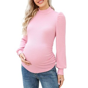 WhizMax Women's Knit Ribbed Maternity Top Mock Neck Long Sleeve Shirts Pregnant Ruched Tunic Pullover Sweater - 1 of 4