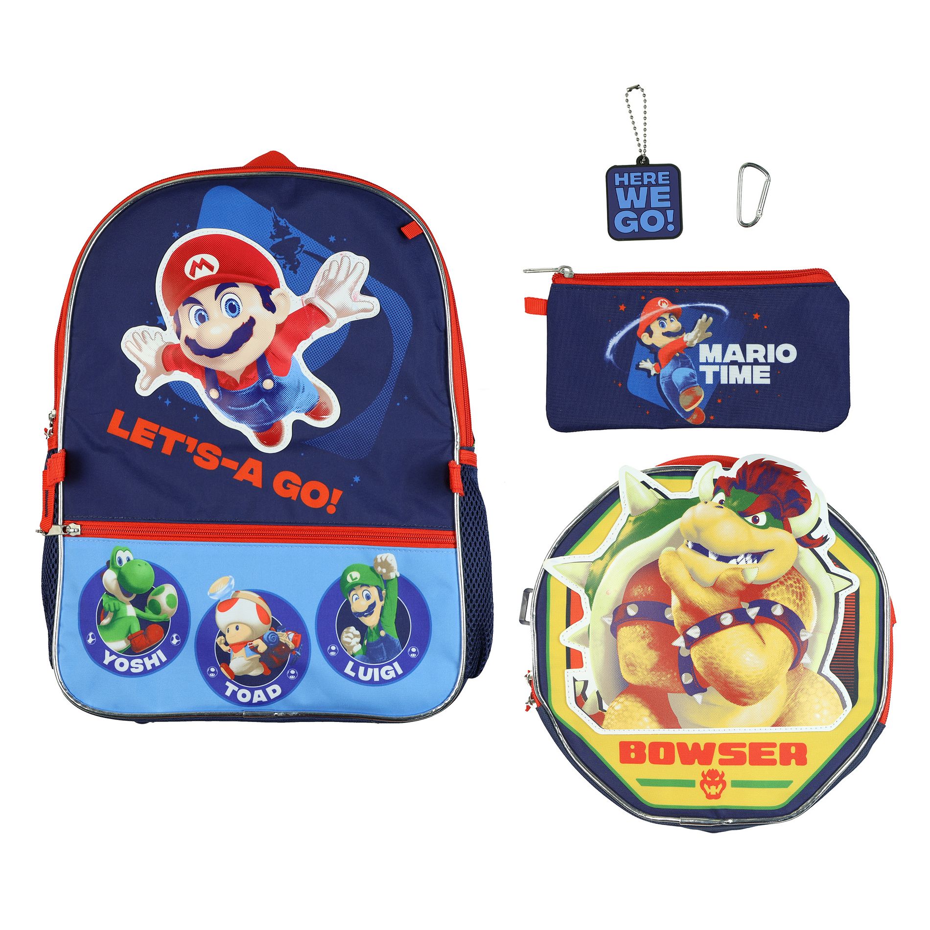 Super Mario Galaxy Backpack 16" Let's-A-Go 5-Piece Set Lunchbox Combo Book Bag Multicolored