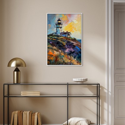 Colorful Lighthouse Impressionism Canvas Art with White Frame, 21" x 31"