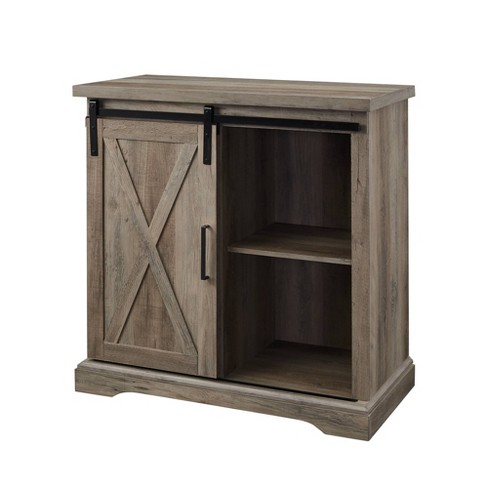 Tertia Rustic Farmhouse Accent Cabinet With Sliding X Barn Door Gray Wash Saracina Home Target