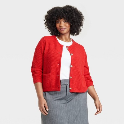 Women's Ribbed Cuff Button-Front Cardigan - A New Day™ Red 1X