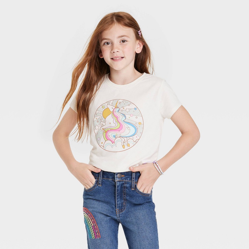 Girls' 'Unicorn' Short Sleeve Graphic T-Shirt - Cat & Jack Light Beige XS