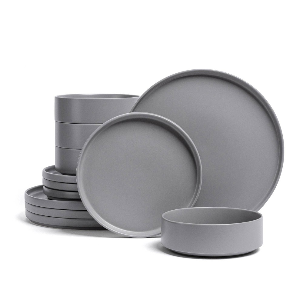 Photos - Glass over&back 12pc Stackable Stoneware Hand-Finished Dinnerware Set Semi-Matte Charcoal: Microwave & Dishwasher Safe