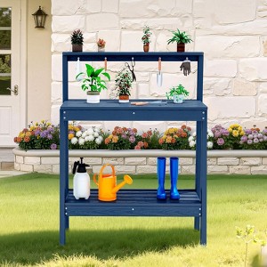 3-in-1 HDPE Potting Bench with Shelves and Hooks – Durable Outdoor & Indoor Planting Table - 1 of 4