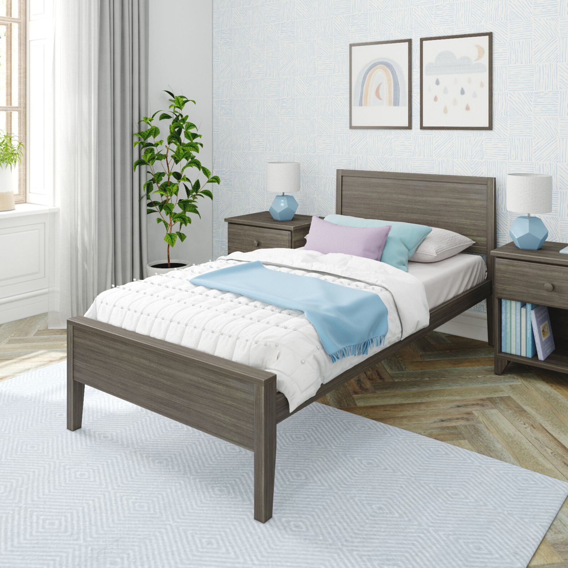Max & Lily Twin Bed Frame, Solid Wood Classic Platform Bed with Panel Headboard for Kids