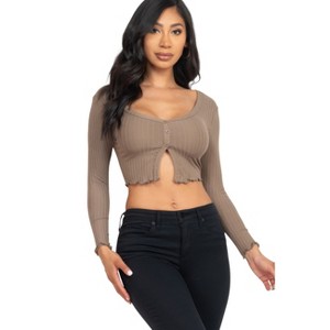 Slickblue Women's Ribbed Long Sleeve Button-Front Top, Cropped Fit, Casual Stretch Style, 10 Color Options, Size S-L - 1 of 4