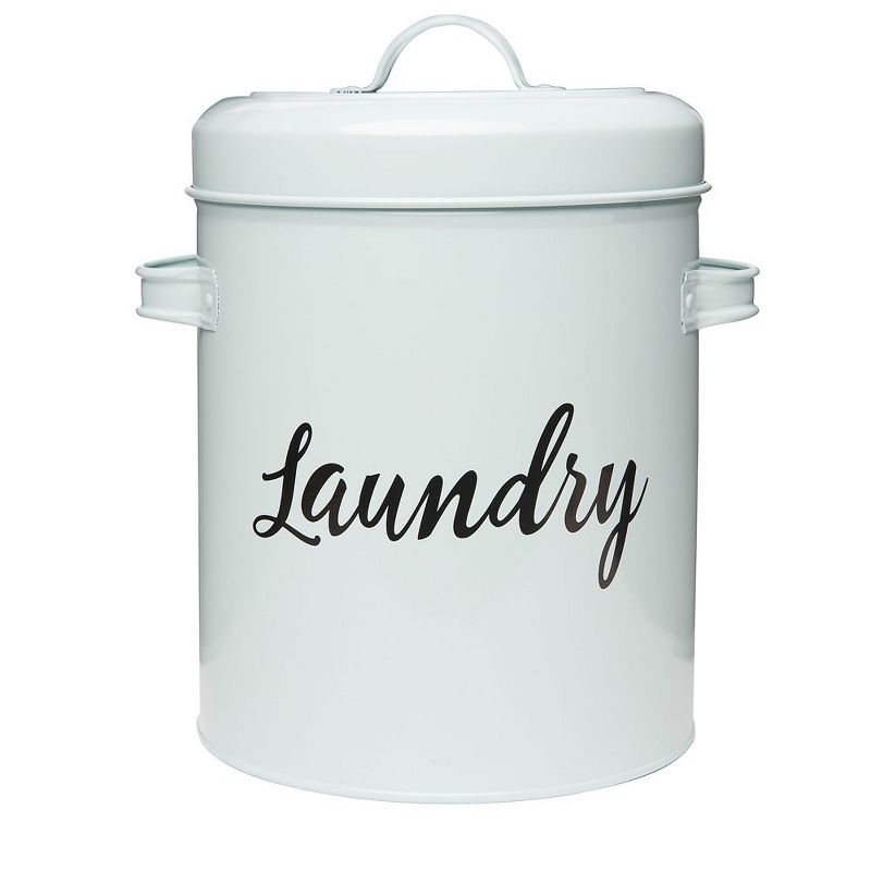 Amici Home Launderette Metal Storage Canister, Round Canister w/ Powder Coat Finish Script Style Lettering, Side Handles & Lid Handle, 1 of 5