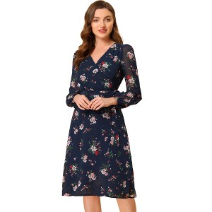 Allegra K Women's Boho Floral V Neck Tie Waist Long Sleeve Chiffon Wrap Midi Dress - 1 of 4