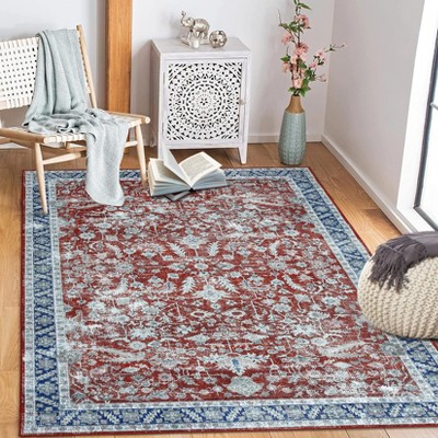 8x10 Washable Rug Non-Slip Vintage Floral Area Rug - Low Pile Indoor Carpet for Living Room, Bedroom, Kitchen (Red)