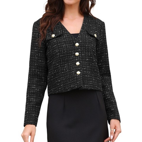 INSPIRE CHIC Women's Tweed Long Sleeve Button Down Collarless Elegant Cropped Jacket Black X-Small