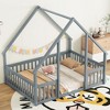 Full Size Wood House-Shaped Floor Bed with Fence and Guardrails - 3 of 4