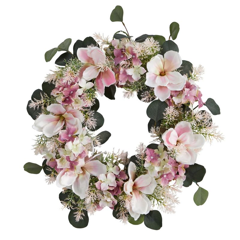 Nearly Natural 20” Hydrangea and Magnolia Artificial Wreath, 1 of 5