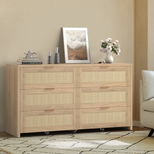 6 Drawer Dresser, 56''Rattan Dresser with Gold Handle & Casters, Light Wood  Dressers with Ample Storage, Boho Dressers for Home Office : Target